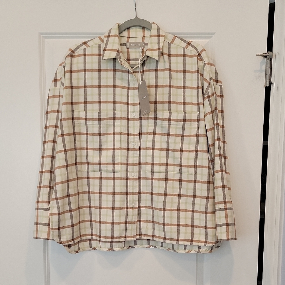 Everlane The Boxy Flannel Button Down Shacket Shirt Brown Plaid Small NWT